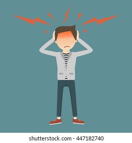 A young man grabs his hands to head, with symptoms of headache. Vector illustration flat design. Migraine attack concept