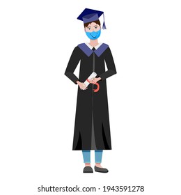 Young man graduate in black gown and academic square hat. college student wearing a medical protective mask. Vector cartoon flat illustration isolated on white background. Graduation 2021