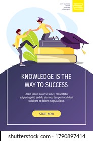 Young man in graduate cap helping another man to climb books. Studying, education, learning, knowledge, university, graduating concept. A4 vector illustration for poster, banner, flyer, advertising.