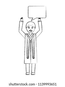 young man graduated with hands up and speech bubble