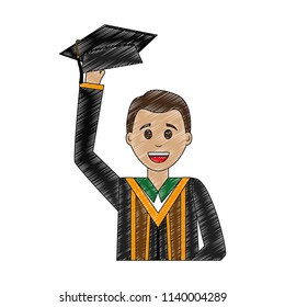 young man graduated lifting hat avatar character