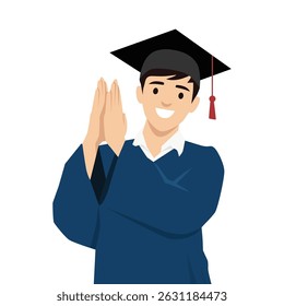Young man in a graduation cap and gown celebrates his academic achievement with a cheerful gesture. Flat vector illustration isolated on white background