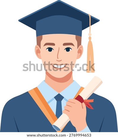 A young man in a graduation cap and gown, smiling and holding a diploma scroll tied with a red ribbon