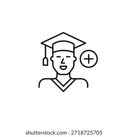 Joven en gorra de graduación y símbolo plus. Nuevo grado, éxito académico y Mejorar en educación. Icono de Vector de trazo perfecto y editable