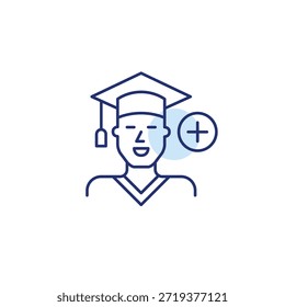 Joven en gorra de graduación y símbolo plus. Nuevo grado, éxito académico y Mejorar en educación. Icono de Vector de trazo perfecto y editable