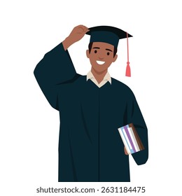 Jovem vestido de formatura e boné segura livros e sorri orgulhosamente, viagem acadêmica de sucesso. Ilustração de vetor plano isolada no plano de fundo branco