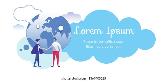 Young Man in Graduation Mantle and Academical Cap Talking to Man in Casual Clothing on Earth Globe Background with Clouds. Alumnus Finish Education. Cartoon Flat Vector Illustration. Horizontal Banner