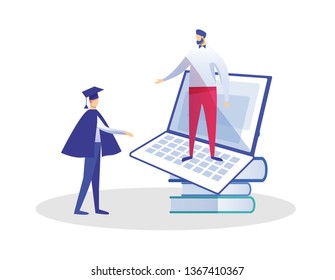 Young Man in Graduation Mantle and Academical Cap Stand near Books Pile Speaking with Teacher at Huge Laptop. E-Learning, Online Education, Getting Diploma Certificate Cartoon Flat Vector Illustration