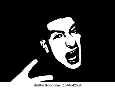 Young man graffiti stencil face shows victory sign with fingers. Vector art.