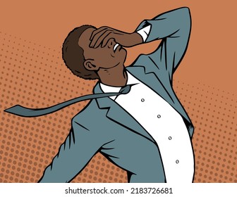 The young man is in great despair. African American. Desperate hand gesture, stress, tragedy and failure. Negative emotion. Cartoon vector illustration isolated on white background. Pop art style