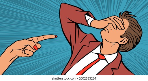 The young man is in great despair. He is scolds by a woman boss or a grumpy wife. Female hand with forefinger. Vector cartoon pop art illustration