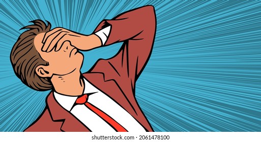 The young man is in great despair. He clutched his head in grief. Business clothes. Vector comic pop art illustration hand drawn