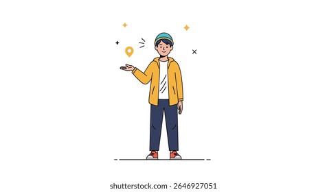Young man with green cap wearing a yellow jacket with blue pants pointing at location pin on white background