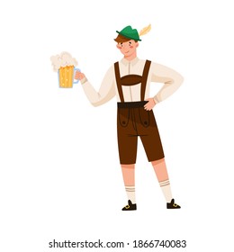 Joven con sombrero verde con pluma y lederhosen Ilustración con vectores de cerdos Mug