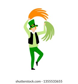 Young Man in Green Irish Costume Dancing with Pom Poms, Guy Celebrating Saint Patrick Day Vector Illustration