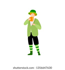 Young Man in Green Irish Costume Drinking Beer, Guy Celebrating Saint Patrick Day Vector Illustration