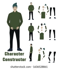 A young man in a green jacket, blue hat and black pants - isolated on white background. Flat character constructor in vector for motion design and cartoons. 