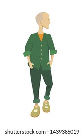 a young man in a green jacket with a short haircut is looking to the right