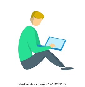Young man in green sweater sitting on the floor looking at laptop. Freelancing and digital marketing, designer and developer. Flat vector illustration. Isolated on white background.