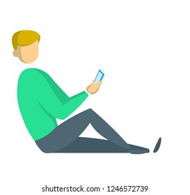 Young man in green sweater sitting on the floor with his smartphone leaning against the wall. Freelancing and digital marketing, social media. Flat vector illustration. Isolated on white background.