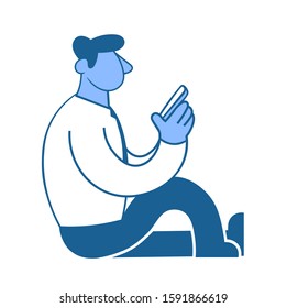 Young man in green sweater sitting on the floor with his smartphone leaning against the wall. Freelancing and digital marketing, social media. Flat vector illustration. Isolated on white background.