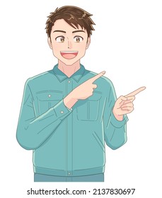 Joven con ropa de trabajo verde muestra la expresión.