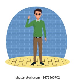 Young man greeting with formal clothes cartoon standing on wooden floor with brick wall background vector illustration graphic design