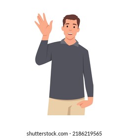 Young man greeting gesture flat vector illustrations set in casual clothes say hello. Flat vector illustration isolated on white background