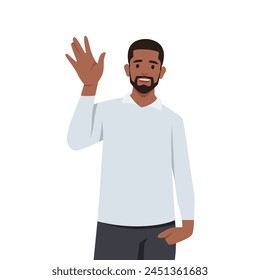 Young man greeting gesture set in casual clothes say hello. Flat vector illustration isolated on white background