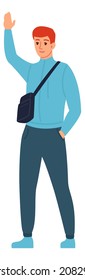Young man greeting with raised hand. Guy standing with neck pouch bag