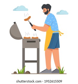 Young man grilling sausages on barbecue outdoors. Barbecue party in the garden. Picnic weekend in the park. Flat vector illustration.