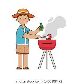 Young man grills meat with a grill while holding beer in the summer, boy cooking a barbecue grill, vector illustration character