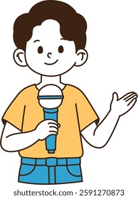 A young man is guiding with a microphone. It's a smiley face., minimal line art vector illustration.