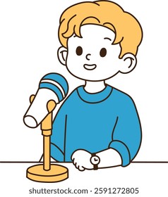 A young man is guiding with a microphone. It's a smiley face., minimal line art vector illustration.