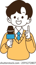 A young man is guiding with a microphone. It's a smiley face., minimal line art vector illustration.