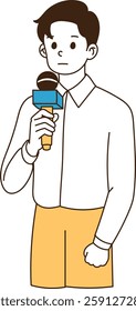 A young man is guiding with a microphone. It's a smiley face., minimal line art vector illustration.