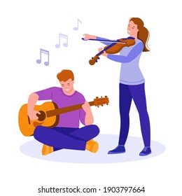 Joven guitarrista y violinista toca instrumentos musicales. Música en vivo. Ilustración vectorial al estilo de las caricaturas planas. Aislado sobre un fondo blanco.