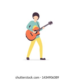 Young man guitarist player playing musical composition. Guy holding a guitar. Flat vector illustration.