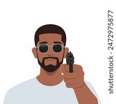 Young man with a gun. Pointing a gun wearing sunglasses. Flat vector illustration isolated on white background