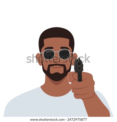 Young man with a gun. Pointing a gun wearing sunglasses. Flat vector illustration isolated on white background