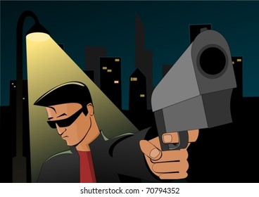 Young man with gun standing under street lantern