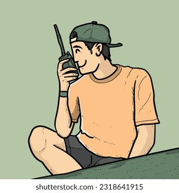 Hablar de un hombre o de un chico o de un chico con walkie talkie o talkie práctico aislado en ilustraciones modernas del vector de fondo verde