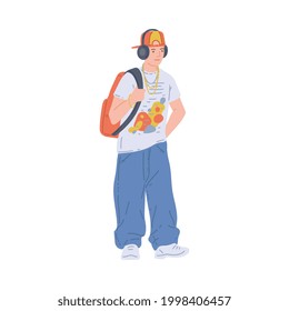 Young man or guy in cap and headphones, flat vector illustration isolated on white background. Cartoon character of walking smiling student or teenager.
