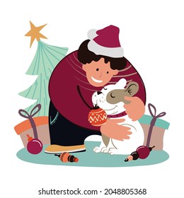 A young man guy is decorating a Christmas tree with his dog assistant French Bulldog. Vector illustration. Cute characters
