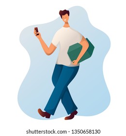 Young man or guy with gadget or phone doing shopping. Male carries box or package, seasonal sale in shop, market, store. Cartoon character on white background. Vector, flat style.