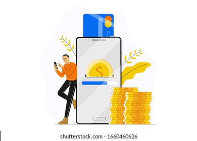 Young man or guy making payment with smartphone app. Concept of secure mobile payment, online banking, card to card money transfer service, transaction, donation, digital wallet.  Vector illustration.