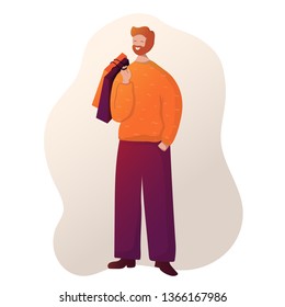 Young man or guy in orange sweater with packages and shopping bag. Male carries bags, seasonal sale in shop, market, store. Cartoon character on white background. Vector, flat style.