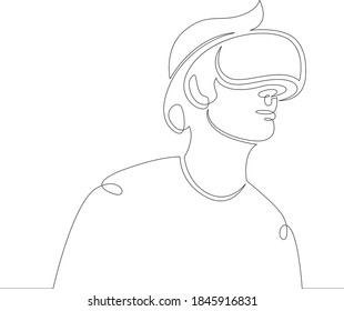 Der junge Mann, den der Typ spielt, arbeitet in einer Brille mit virtueller Realität. Eine durchgehende Zeichnungslinie, Logo, einhandgezeichnet Kunst-Doodle einzeln minimale Illustration.