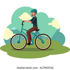 Young man, guy riding urban bicycle, cycling in helmet, cartoon vector illustration. Full length, side view portrait of young man cycling in countryside,