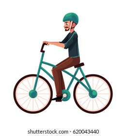 Young man, guy riding urban bicycle, cycling in helmet, cartoon vector illustration isolated on white background. Full length, side view portrait of young man riding a bicycle, cycling